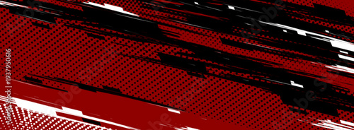 Dynamic red sport background with black halftone pattern, white accents and abstract speed lines, vector banner. Energetic motion effect with grunge texture for athletic events design, presentations.