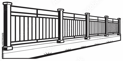 A black and white illustration of a modern fence with vertical bars and horizontal supports Vector