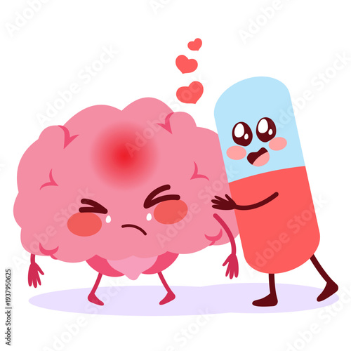 Cartoon vector illustration of a crying brain mascot with headache receiving help from a smiling pill character representing medication support and healthcare treatment