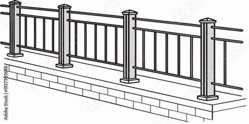 A detailed illustration of a modern metal fence with a brick base Vector