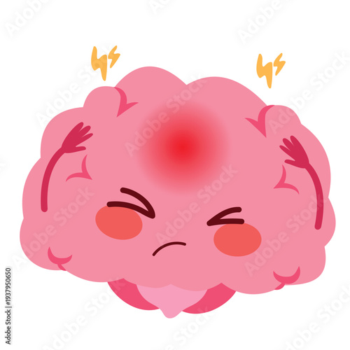 Cartoon vector illustration of a sad brain mascot touching its forehead in pain representing headache, illness, stress and neurological health problems