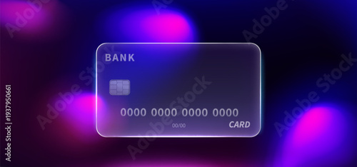 Glass credit card on glowing neon gradient background, abstract vector banner. Futuristic bank payment design with transparent texture, chip and card number