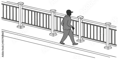 A person walking on a narrow beam above a set of railroad tracks. Vector