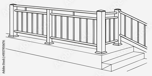 A white wooden fence with a gate installed on a set of concrete steps Vector