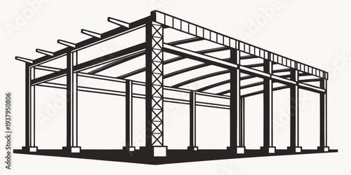 A detailed black and white illustration of a large industrial building structure Vector