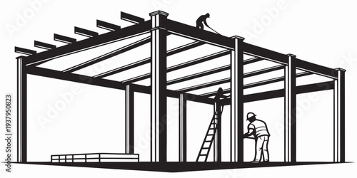 A detailed blueprint of a pergola structure with a person standing nearby Vector