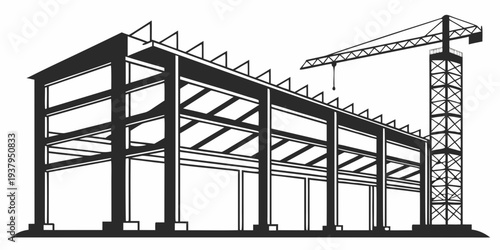 A large construction site with a crane and steel framework in progress. Vector