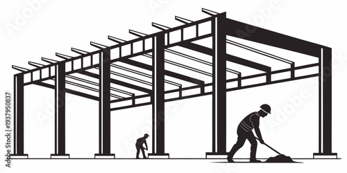 Construction workers building a large steel structure with beams and columns Vector