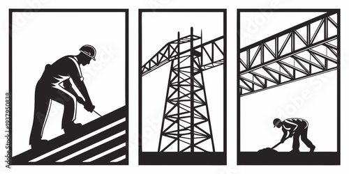 Man working on a construction site with various tools and equipment. Vector