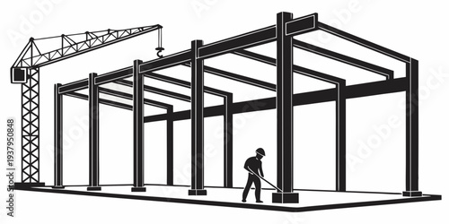 Construction worker inspects a steel framework of a building under construction. Vector