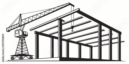 A detailed illustration of a construction site with a crane and a building frame Vector