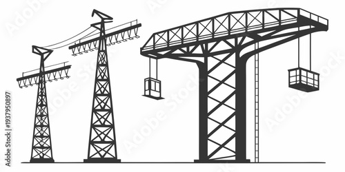 A detailed illustration of two different types of cranes used in construction and industry. Vector
