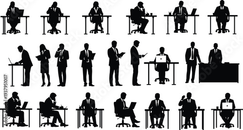Business silhouettes, office professionals, corporate teamwork, workplace collaboration, leadership presentation, communication gestures