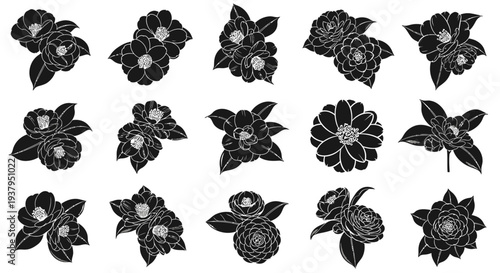 Black floral designs with white details on plain background