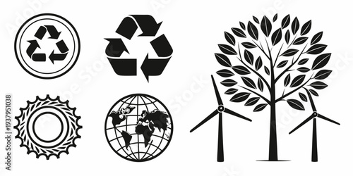 A collection of various symbols representing recycling and environmental awareness. Vector