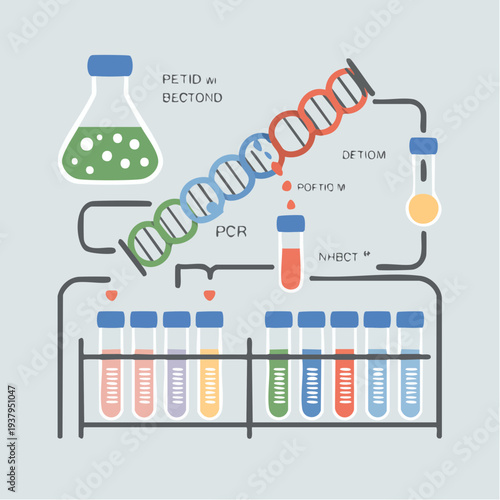 DNA sequencing process illustration with PCR tubes and laboratory equi