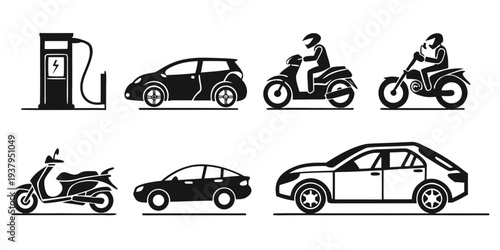 A diverse collection of vehicles including cars, motorcycles, and a fuel pump. Vector