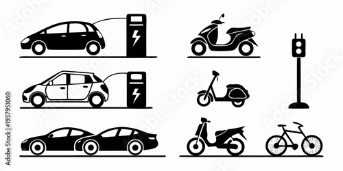 A variety of vehicles including cars, motorcycles, and bicycles are depicted in a simple black and white illustration. Vector