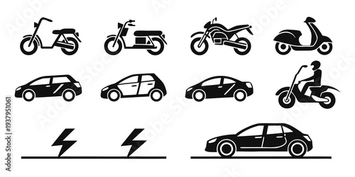 A diverse collection of vehicles including motorcycles, cars, and a truck. Vector