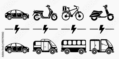 A variety of transportation modes including motorcycles, bicycles, and vehicles. Vector