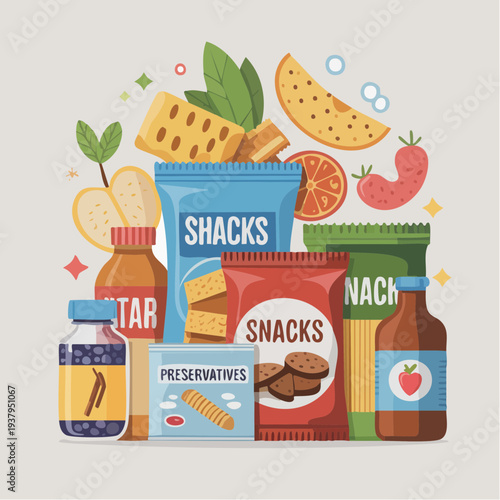 Colorful illustration of various packaged snack foods