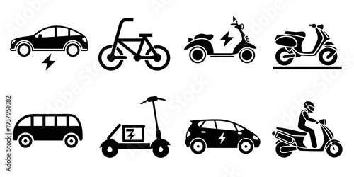A diverse collection of transportation vehicles and charging stations Vector