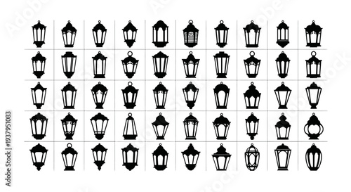 Collection of various black street lamp icons on white background for design and decoration purposes