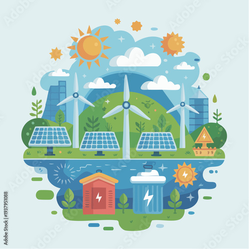 Colorful illustration of renewable energy sources and eco-friendly cit