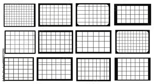 Collection of black outlined rectangle wireframe grids on white background for design and layout purposes