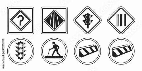 A collection of various road signs and symbols used for traffic regulation and safety Vector
