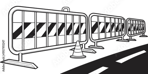 A row of vintage cars parked on the side of a road with a barricade in front. Vector