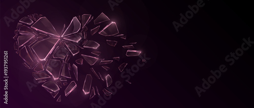 Shattered glass pieces, exploding ice crystal fragments, 3d realistic vector banner. Broken heart with flying shards on black background, ruined love with dramatic crack effect, sharp debris