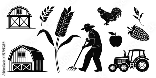Illustration of various farming elements including tools, crops, and animals Vector