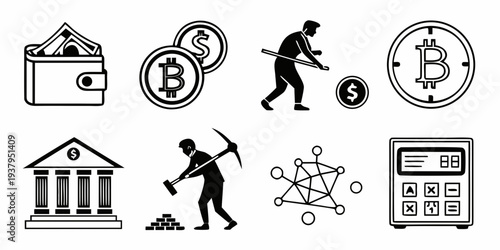 Illustration of various financial and cryptocurrency related icons Vector