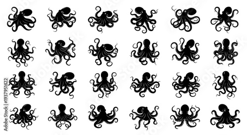 Collection of black octopus silhouettes on white background ocean creatures sea animals aquatic design elements