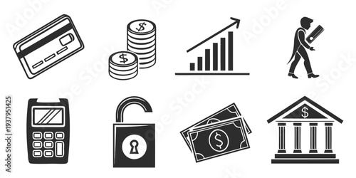 Assorted icons representing various aspects of finance and banking Vector