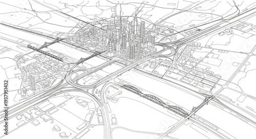 Detailed Architectural Blueprint of Cityscape.