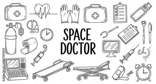 Hand-drawn medical equipment and supplies for a space doctor's clinic