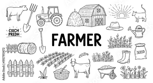 Collection of hand-drawn farm elements including tractor, barn, cow, and crops