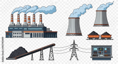 Industrial power plant with cooling towers and coal transport.