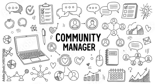 Community manager concept with icons for communication, networking, and analytics