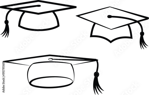 Three graduation caps with tassels black outline academic
