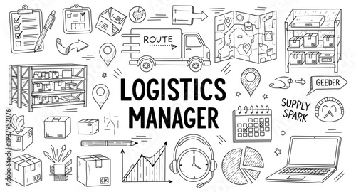 Logistics manager concept with icons for delivery, planning, and supply chain operations