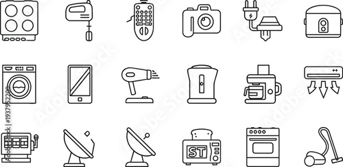 Black and white appliance icons, household electronics symbols, kitchen devices graphics, cleaning tools elements, technology signs, essential UI UX design collection