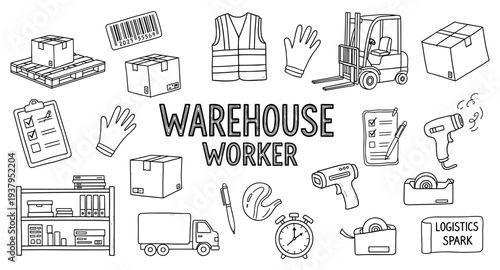 Warehouse worker tools and equipment illustration with boxes, forklift, and scanner