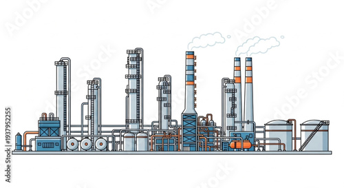 Industrial Factory Complex with Smokestacks Emitting Smoke.