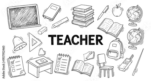 Hand-drawn collection of school and teaching supplies with the word TEACHER in the center