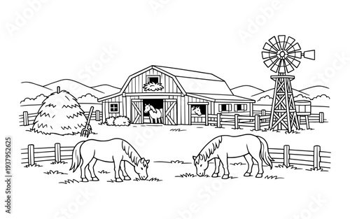 Charming cartoon farm scene with horses, barn, and windmill in a pastoral setting