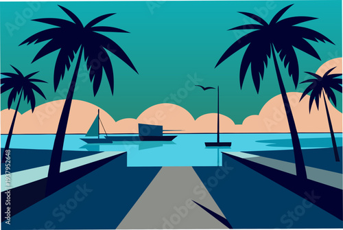 Tropical Marina with Palm Shadows and Clear Sky