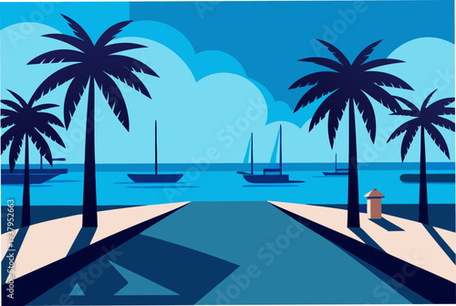 Tropical Marina with Palm Shadows and Clear Sky